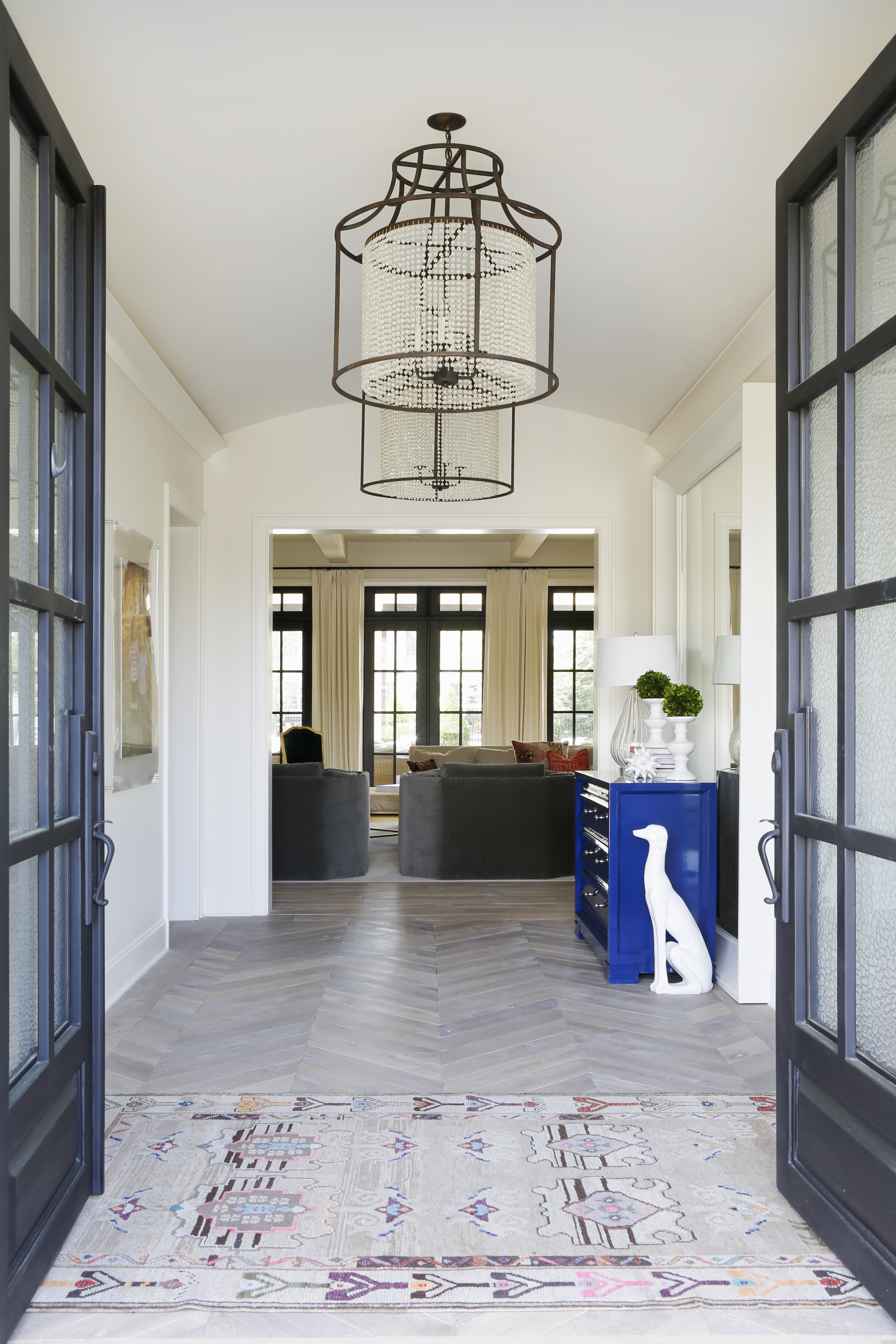 hallway with dog statue