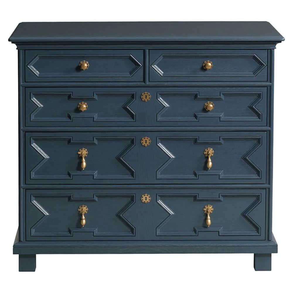 Navy Blue Oak Dresser with geometric carved pattern and brass hardware