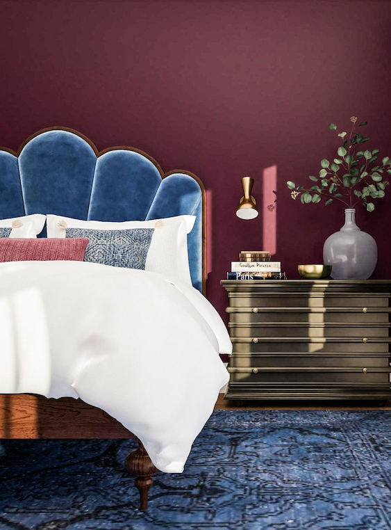 chic bedroom interior with blue bed