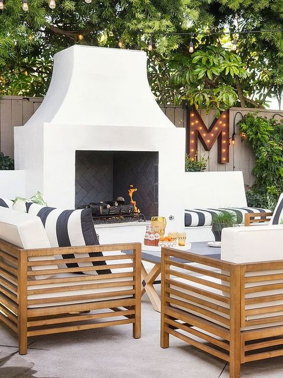 outdoor fireplace and patio