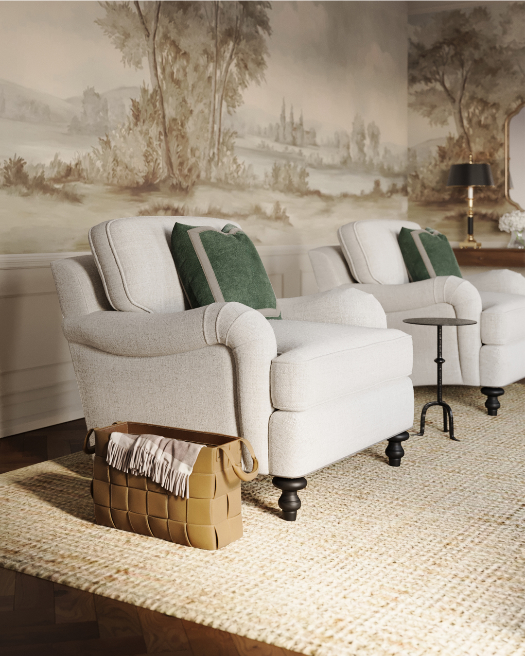 A pair of English roll arm chairs in a cozy living room