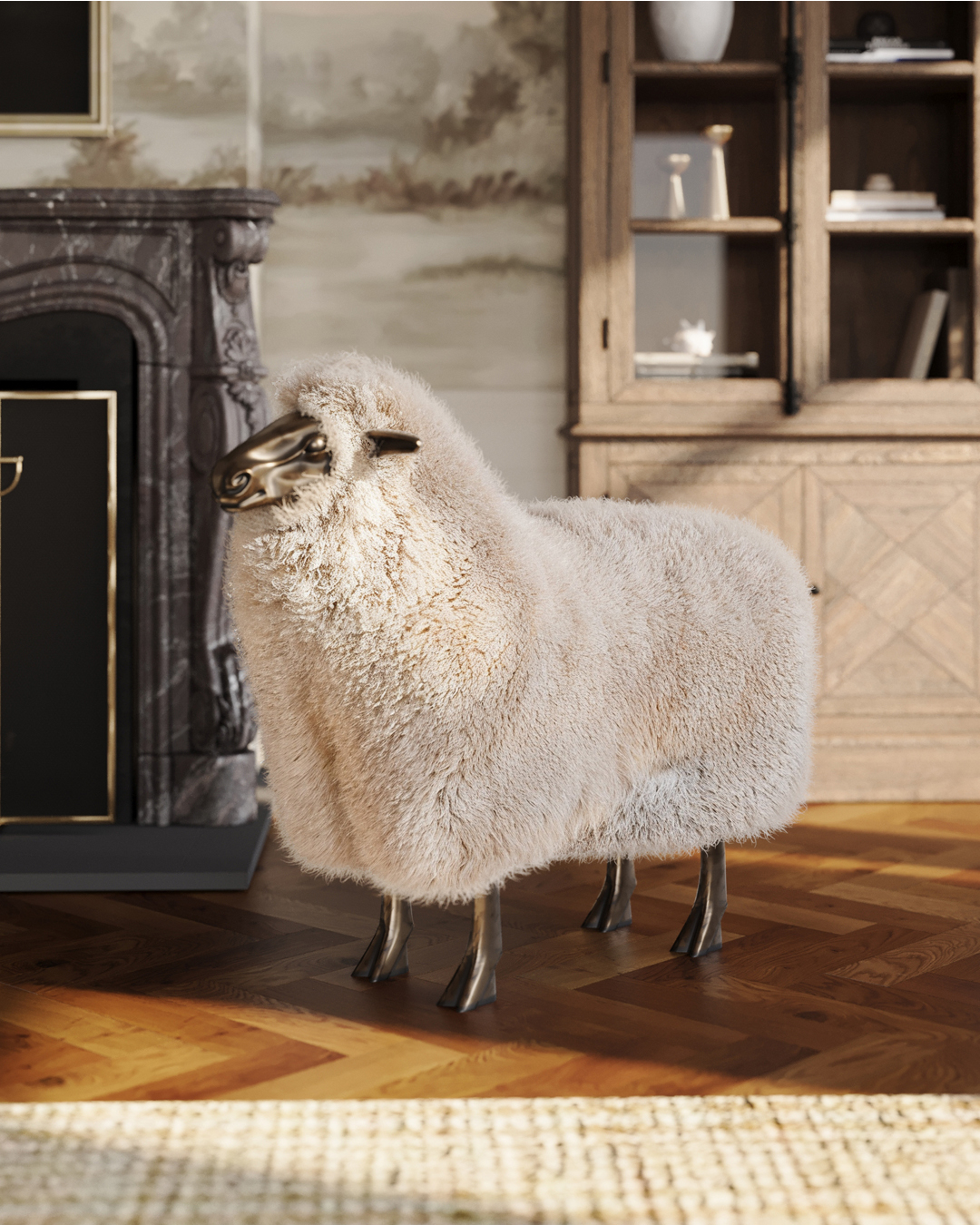 Antique bronze sheep statue in a traditional living room design
