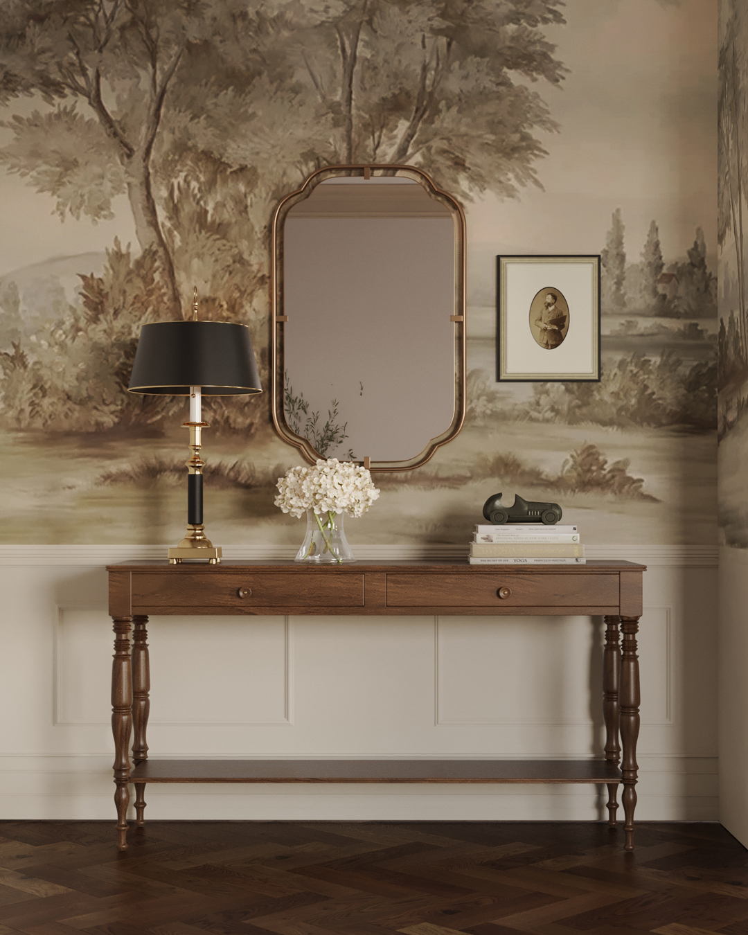 A traditional living room with mural wallpaper, a brown console table, and a curved gold mirror