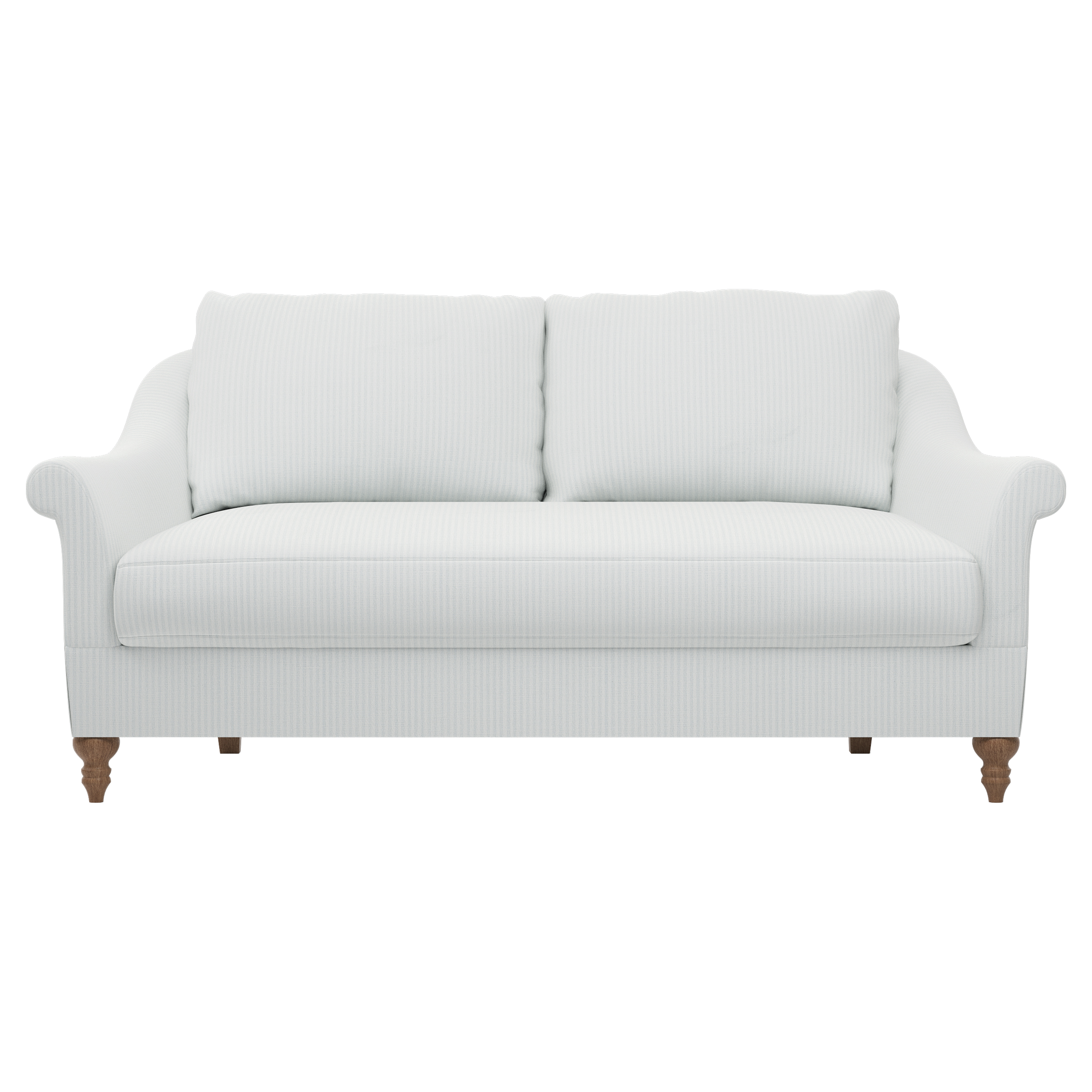 sofa with turned wood legs and striped blue and white upholstery