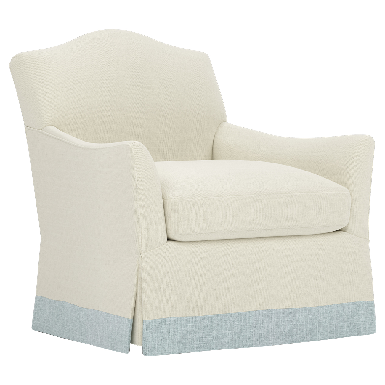 cloud white upholstered Swivel Chair with light blue band