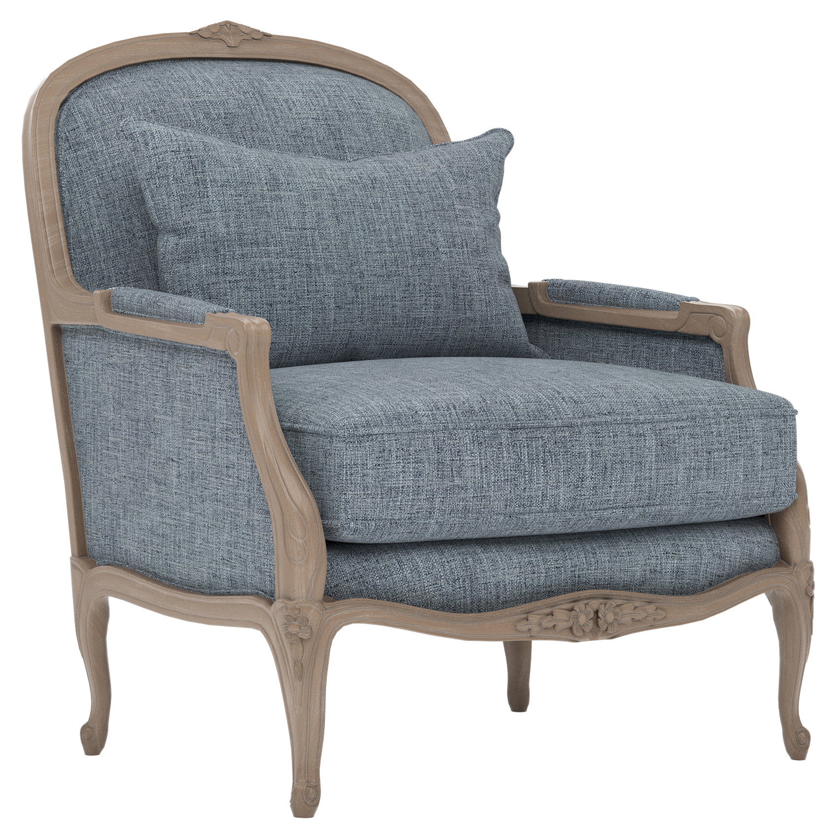 bergere chair with blue woven fabric and a brown wooden frame