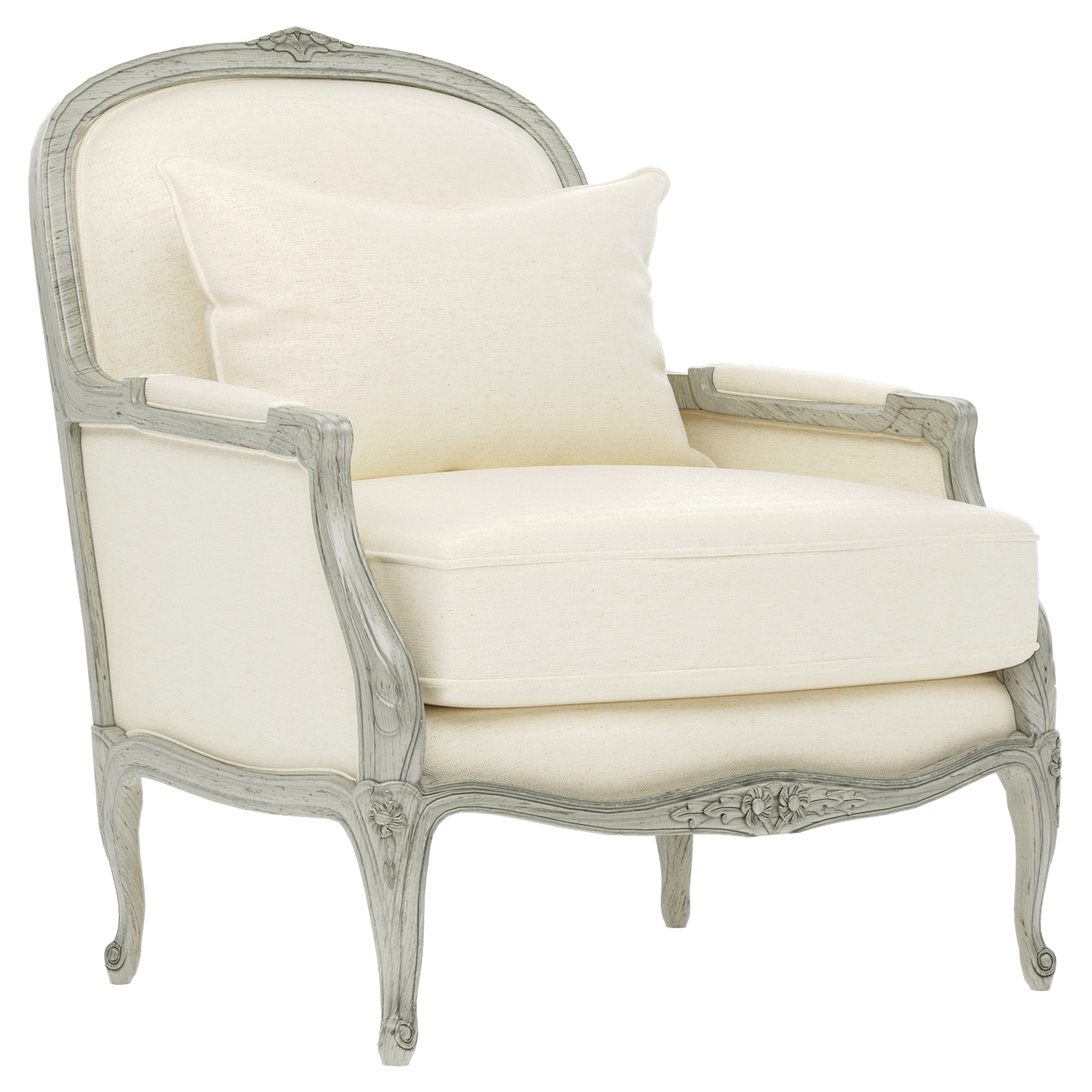 bergere chair with warm white chenille fabric and a sage green wood frame