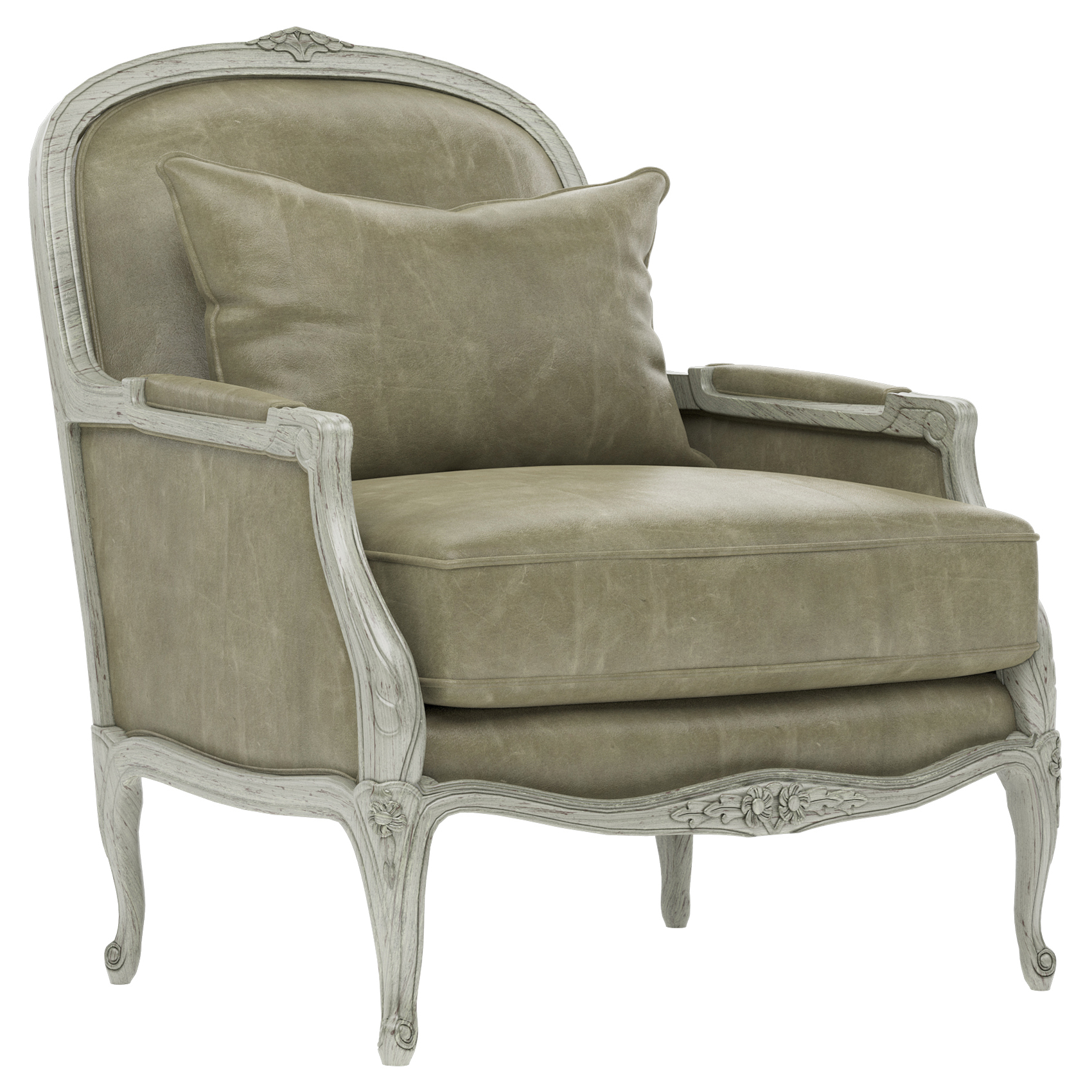 bergere chair with green leather upholstery and a sage green wood frame