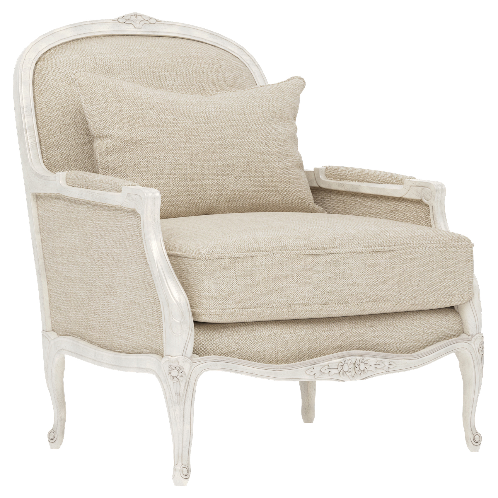bergere chair with neutral fabric and a distressed white wood frame