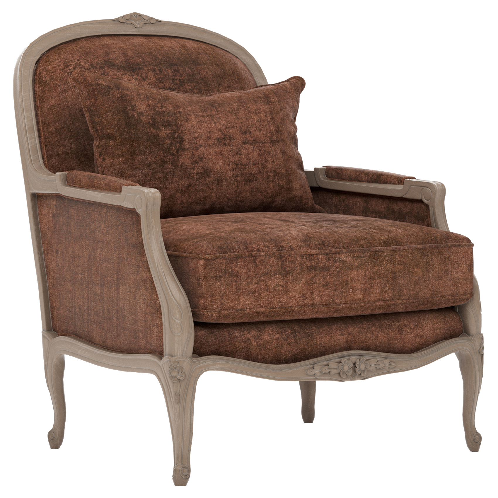 bergere chair with sienna velvet fabric and a brown wooden frame