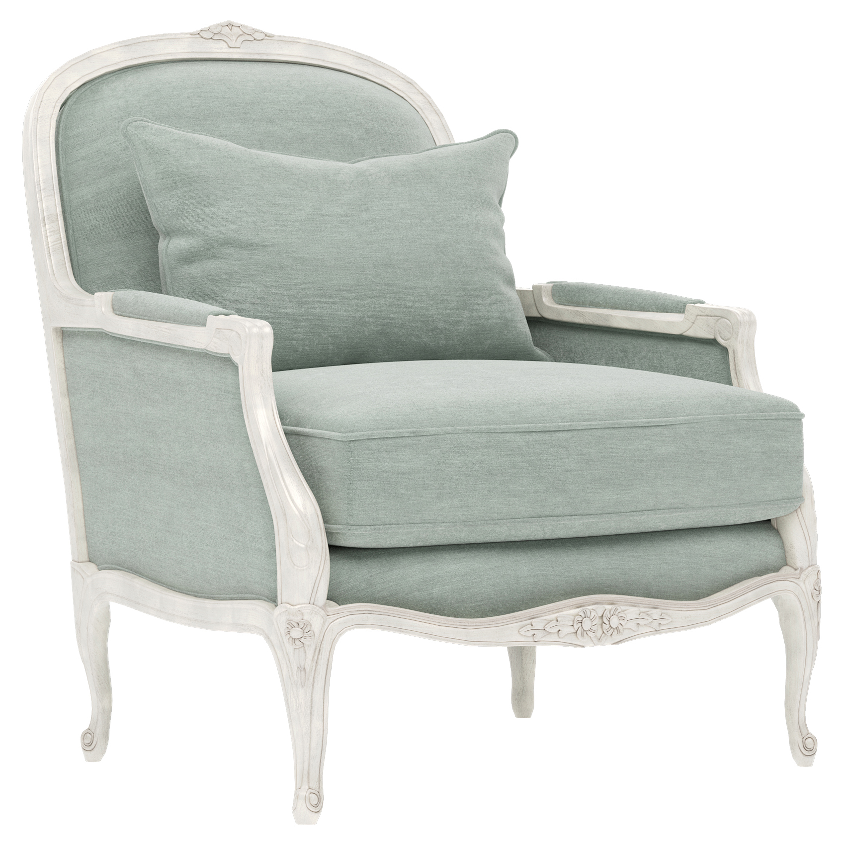bergere chair with light blue velvet fabric and a distressed white wood frame