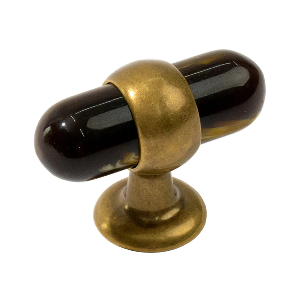 Warm Tortoise Resin Burnished Brass Drawer Knob