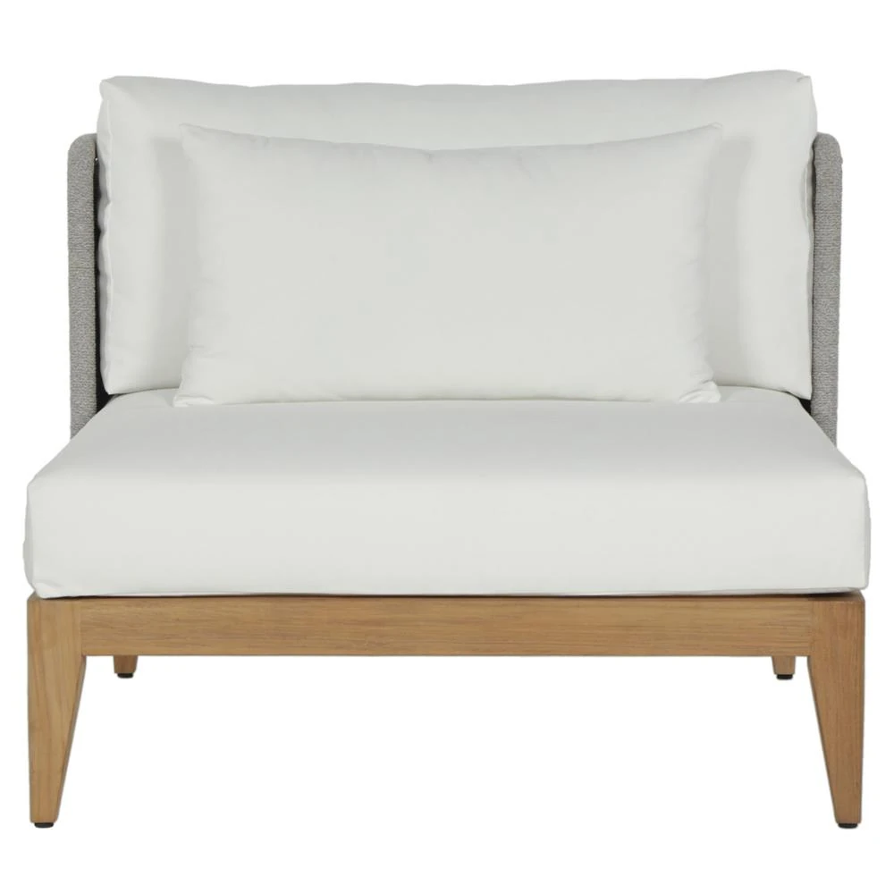 outdoor lounge chair with teak frame and white performance cushions