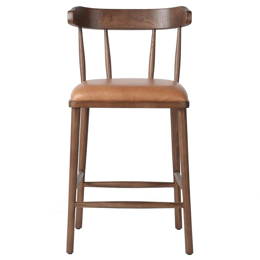 brown ash wood counter stool with leather seat