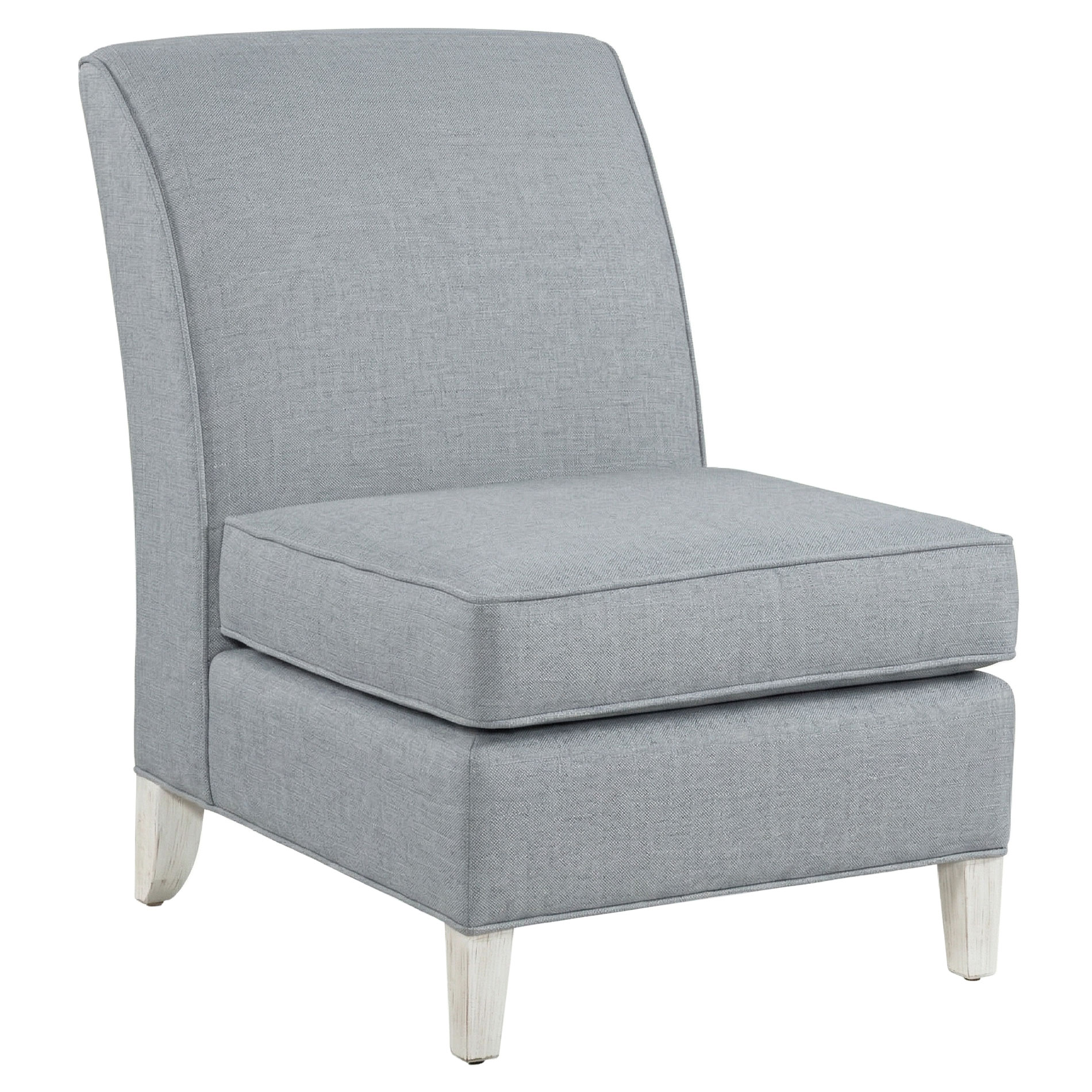upholstered Slipper chair in Sunbrella Performance slub weave blue haze with white wood legs
