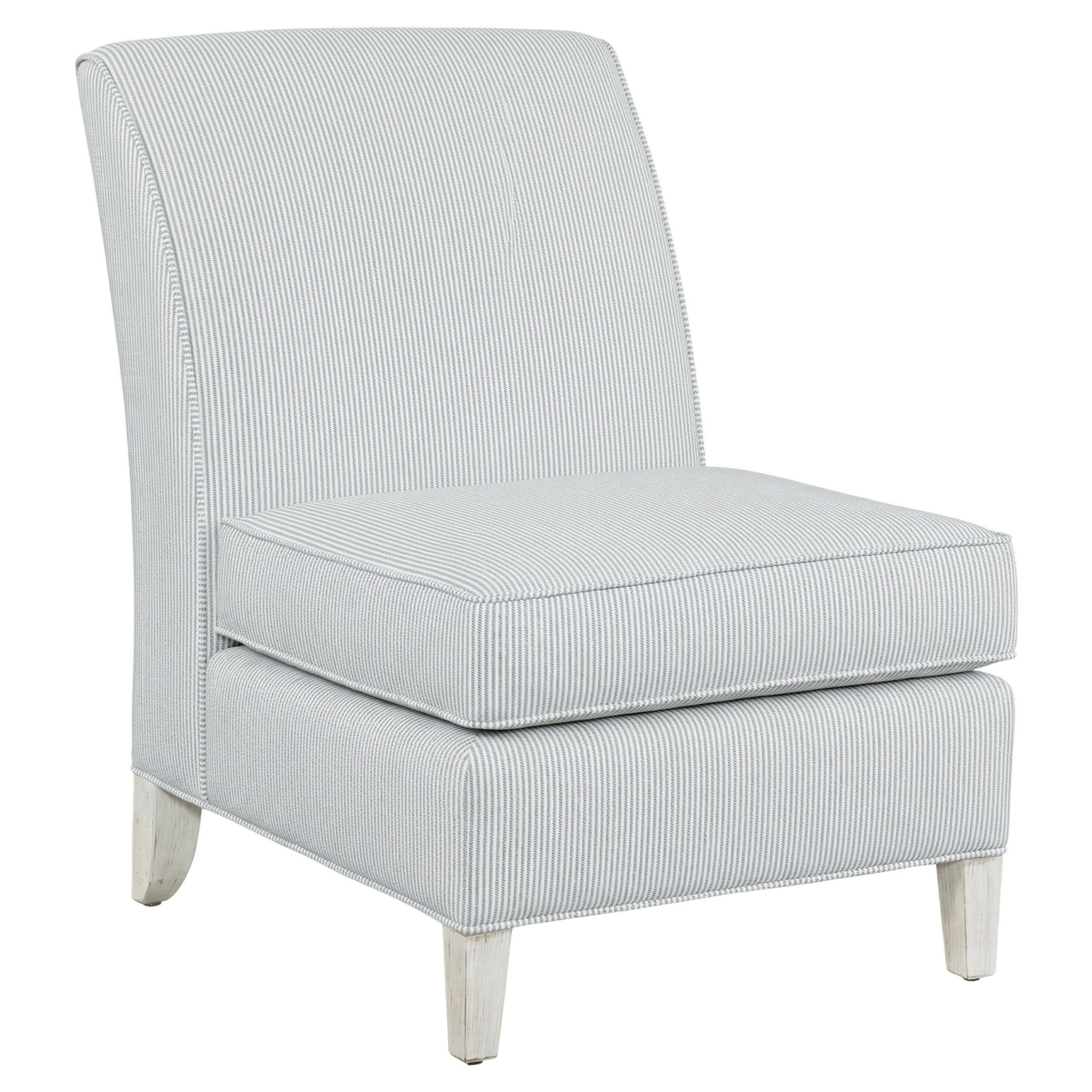 upholstered slipper chair in sunbrella performance stripe sea breeze with white wood legs