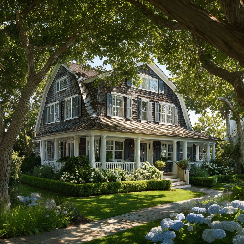 A cedar-shingled Colonial-style house in Connecticut surrounded by trees and manicured landscaping