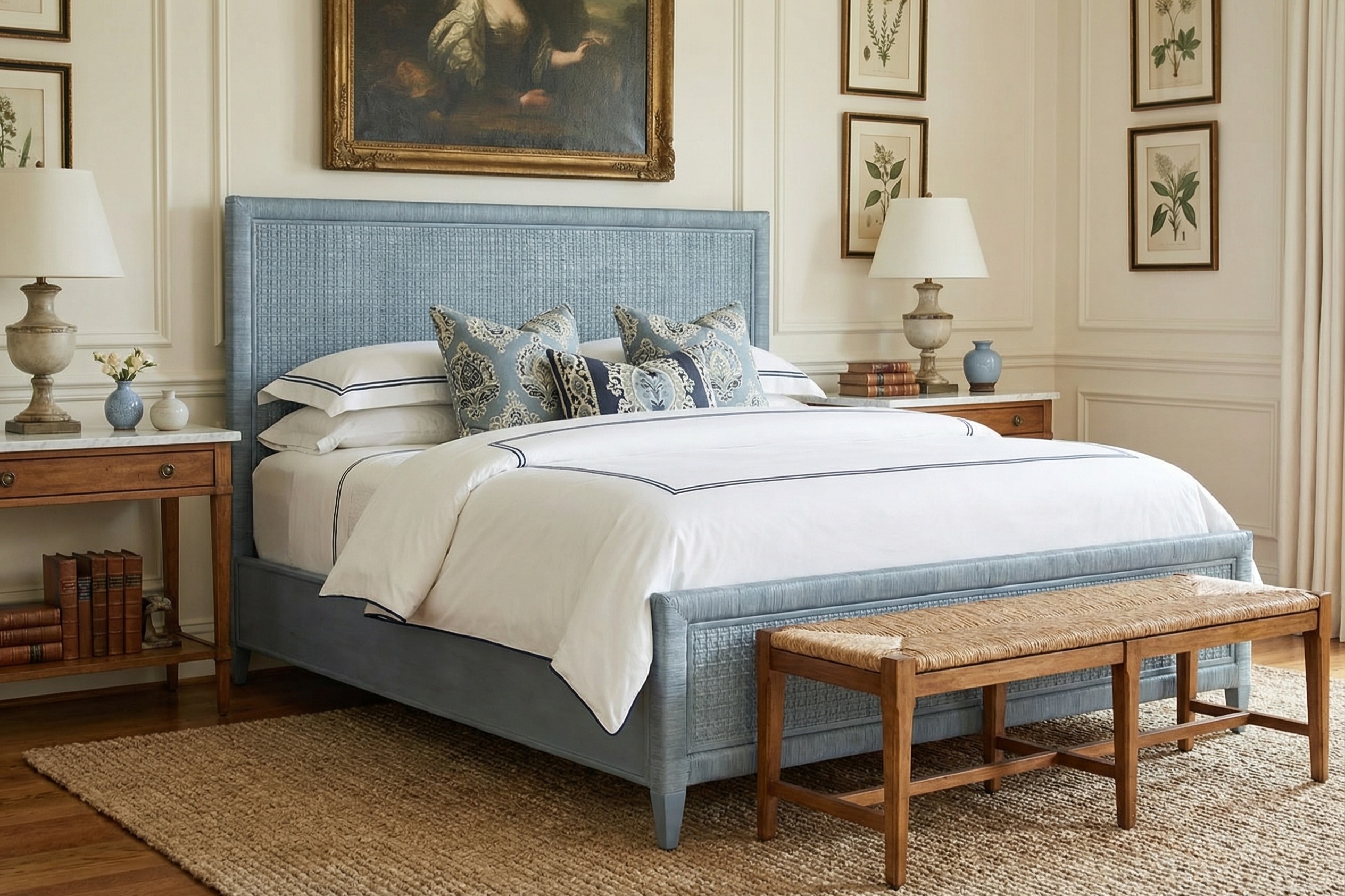 Blue Rattan bed frame in a coastal-inspired bedroom with a jute rug and framed artwork