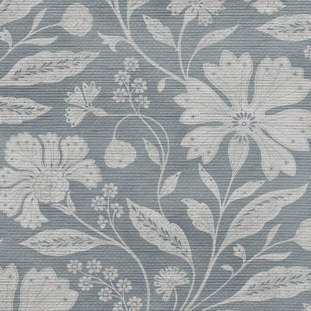 blue floral grasscloth wallpaper