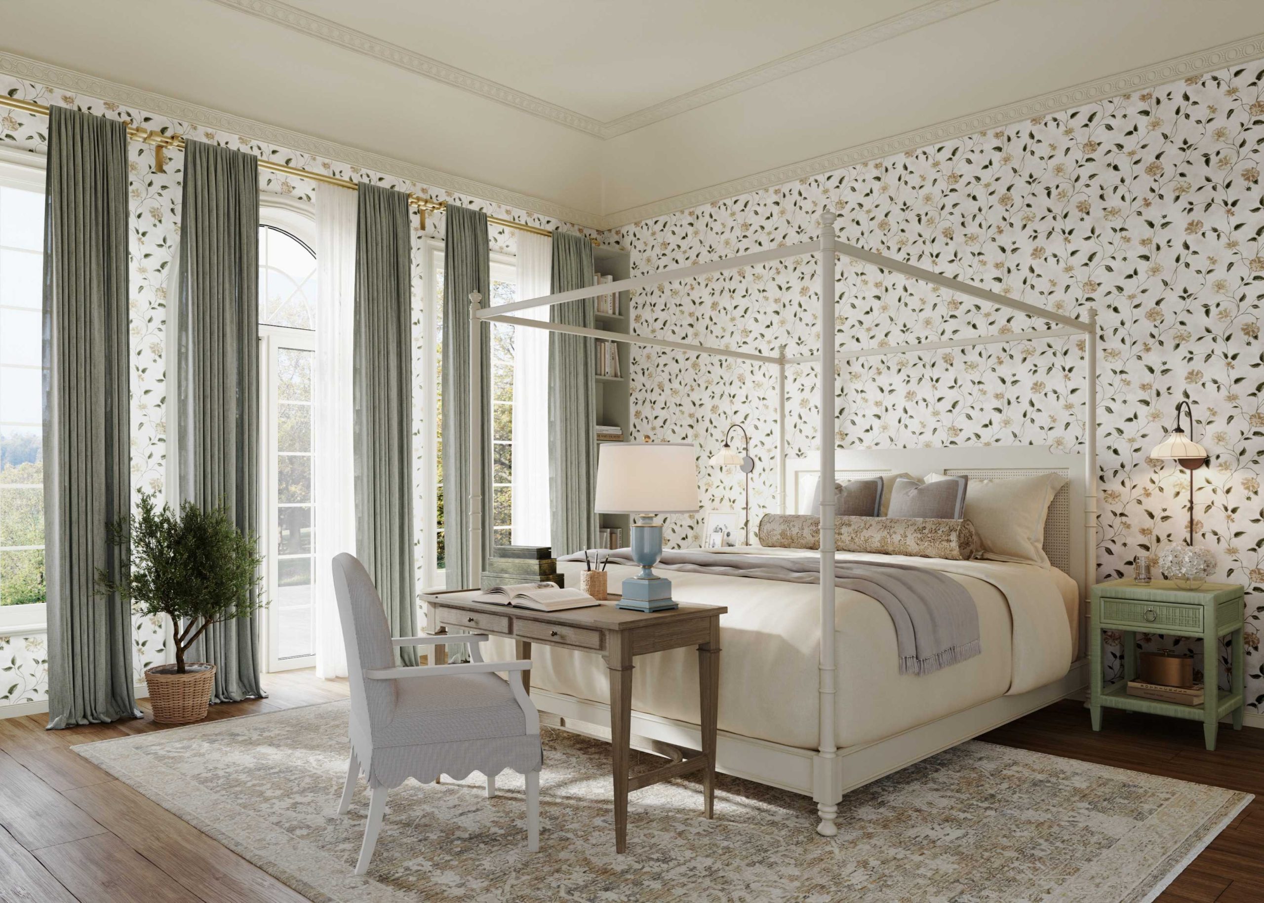 Kathy Kuo Home floral wallpaper in a French Country bedroom