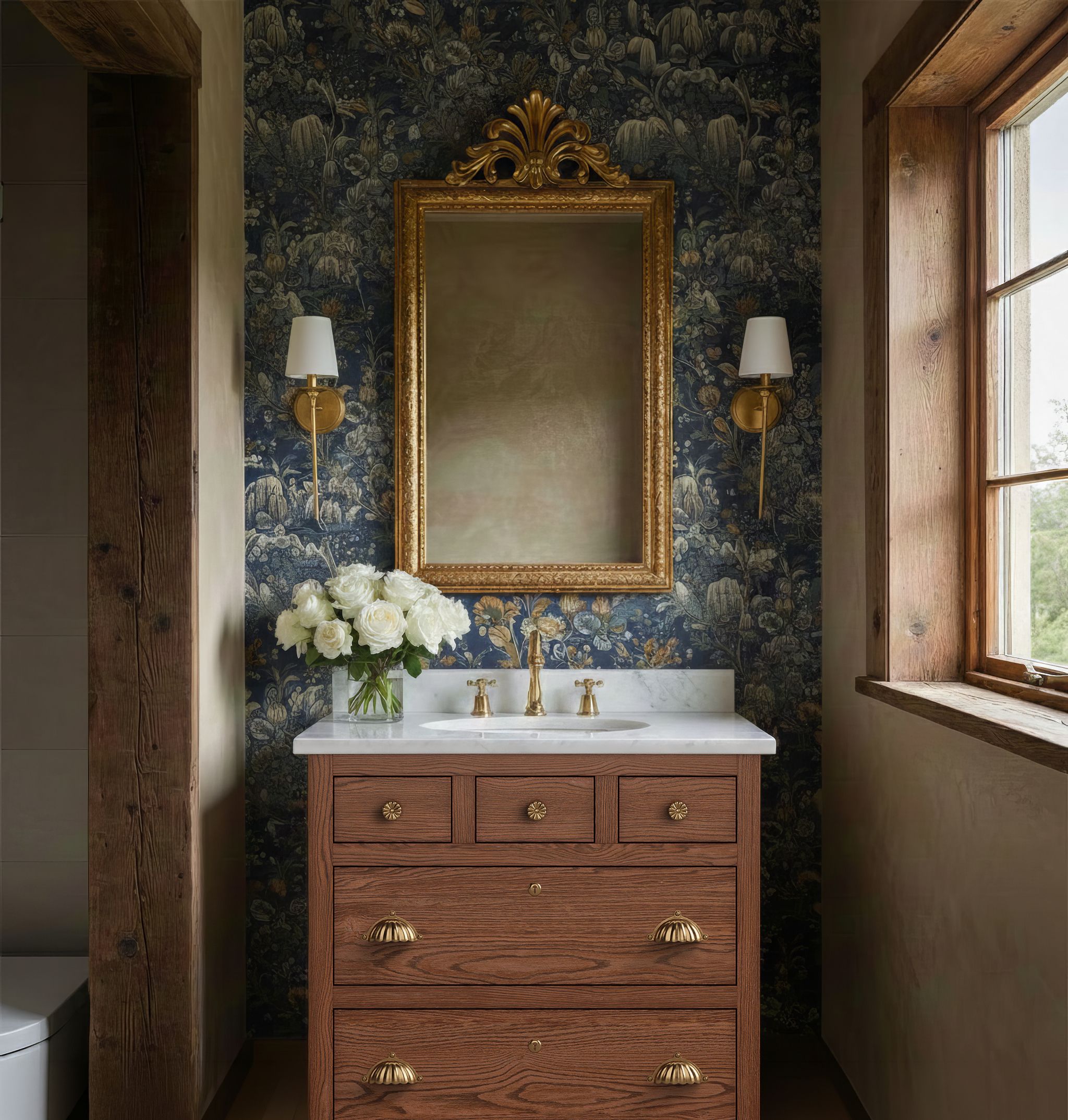 Brown Oak Vanity with a marble countertop in a bathroom with a gold beveled mirror and blue patterned wallpaper