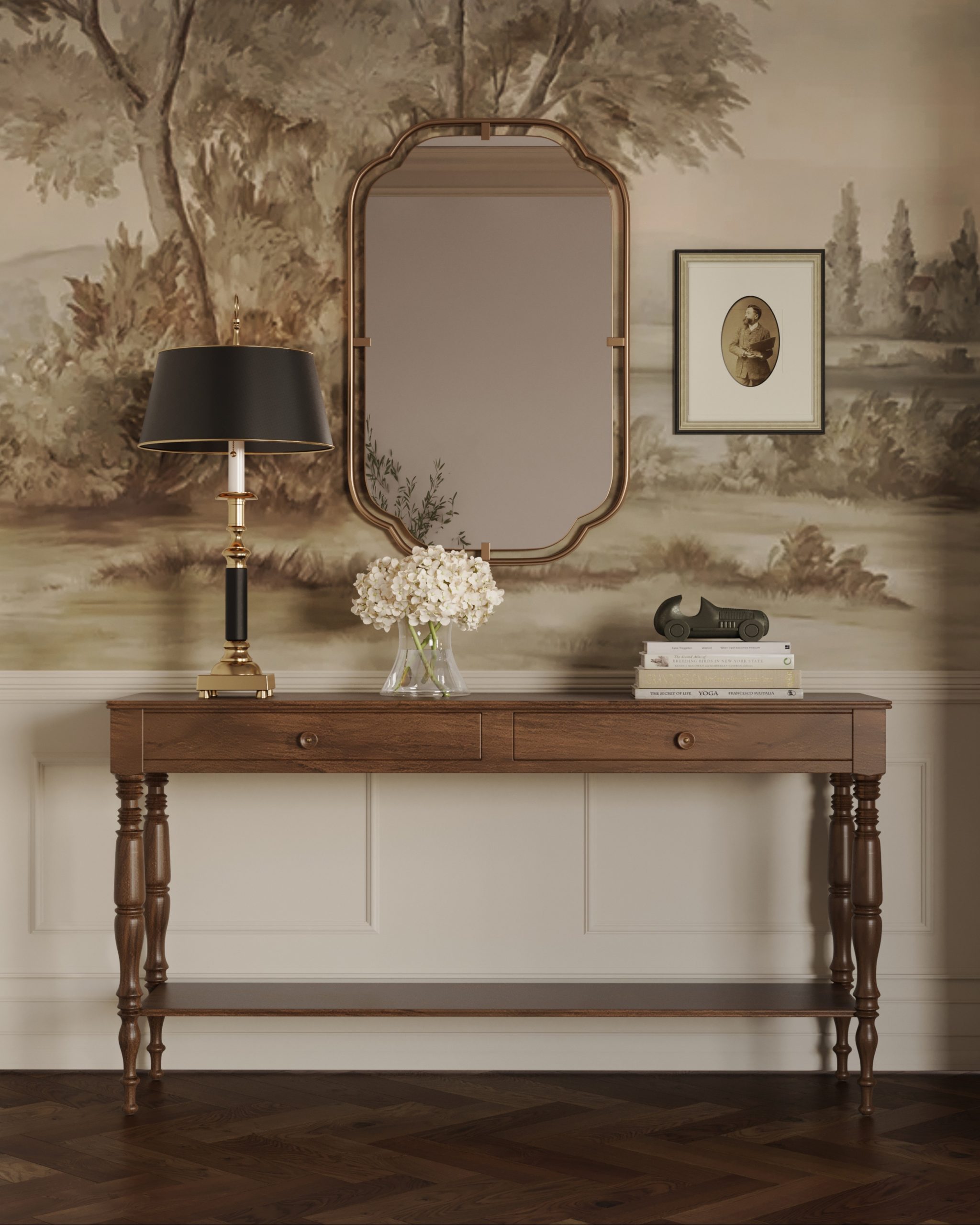 a brown wood console table in a traditional living room