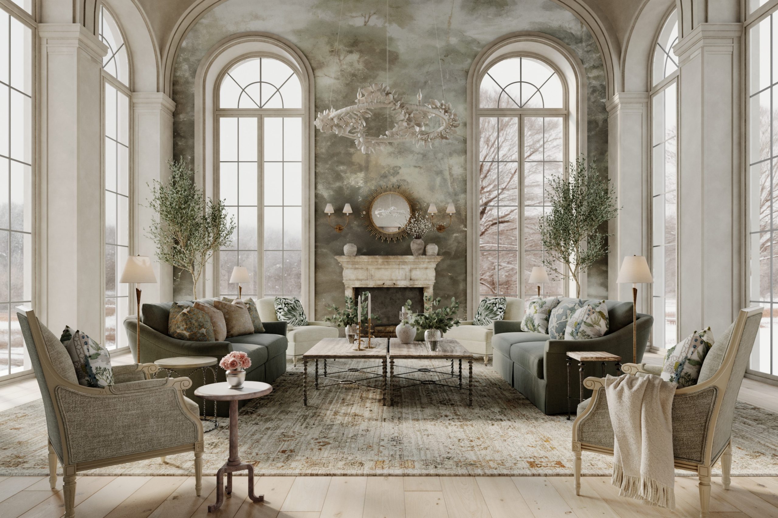 A French country living room with vaulted ceilings, tall arched windows, roll arm sofas, and a pair of bergere chairs