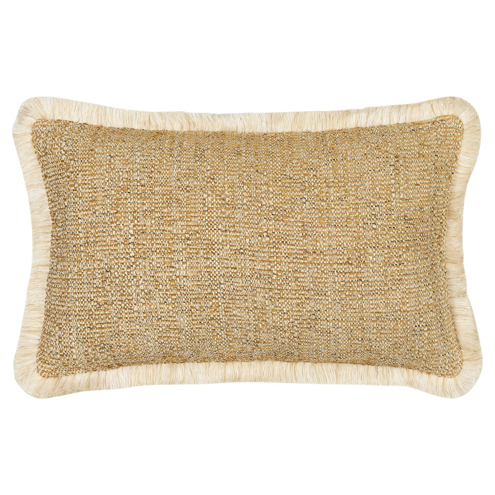 gold outdoor lumbar pillow with fringe