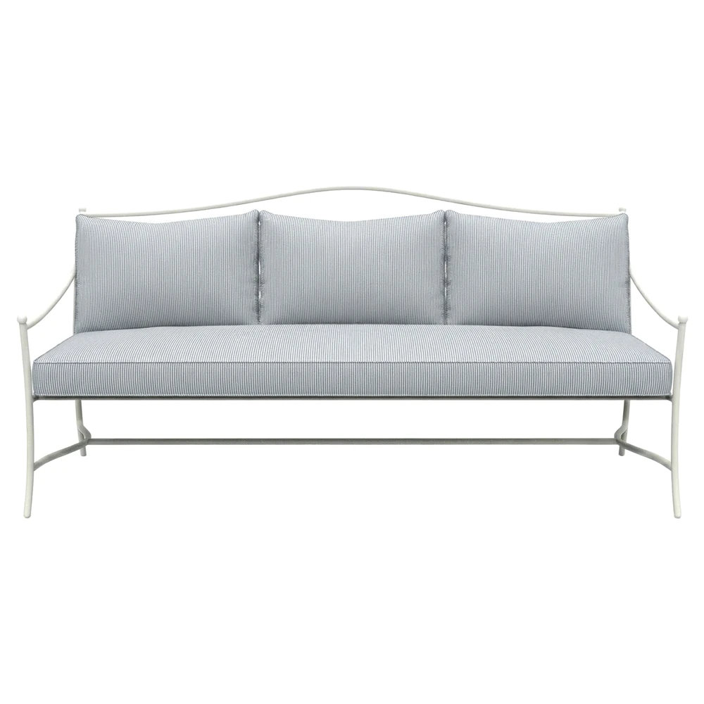 outdoor sofa with iron frame and striped Sunbrella cushions