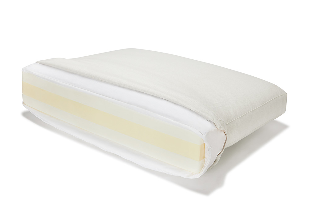 Sofa cushion with foam core and a feather, down, and poly fiber envelope