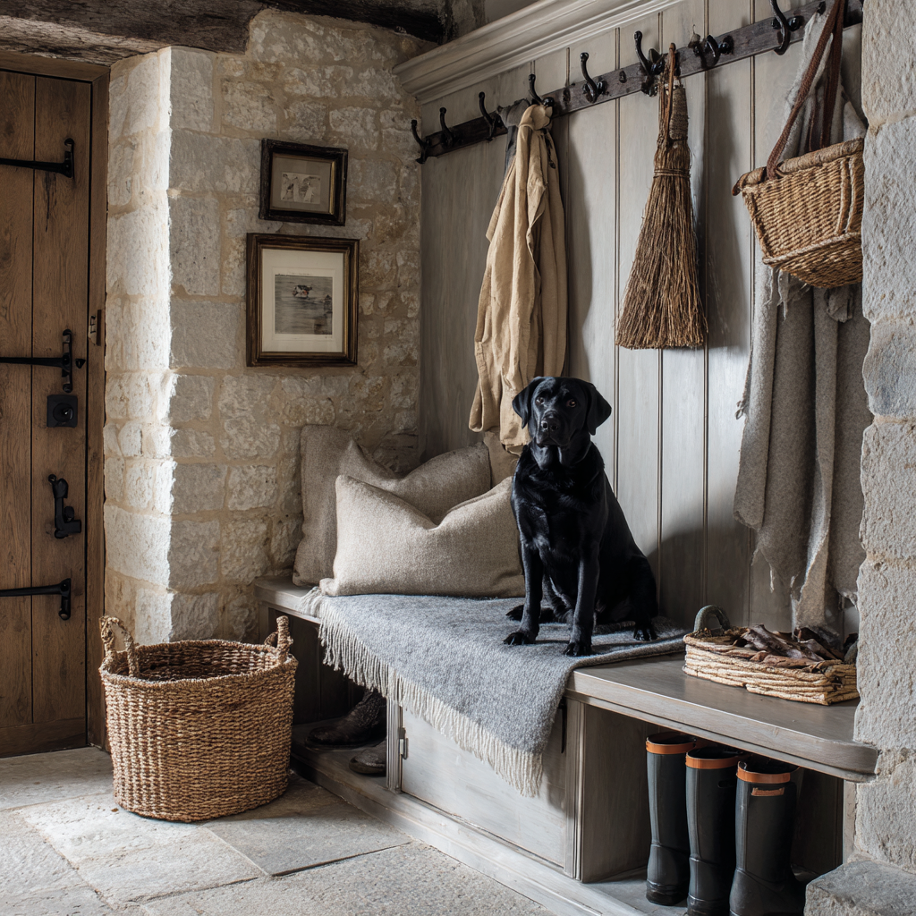 a cozy mudroom with stone walls and flooring, wood paneled walls, and decorative accents like baskets, pillows, and artwork