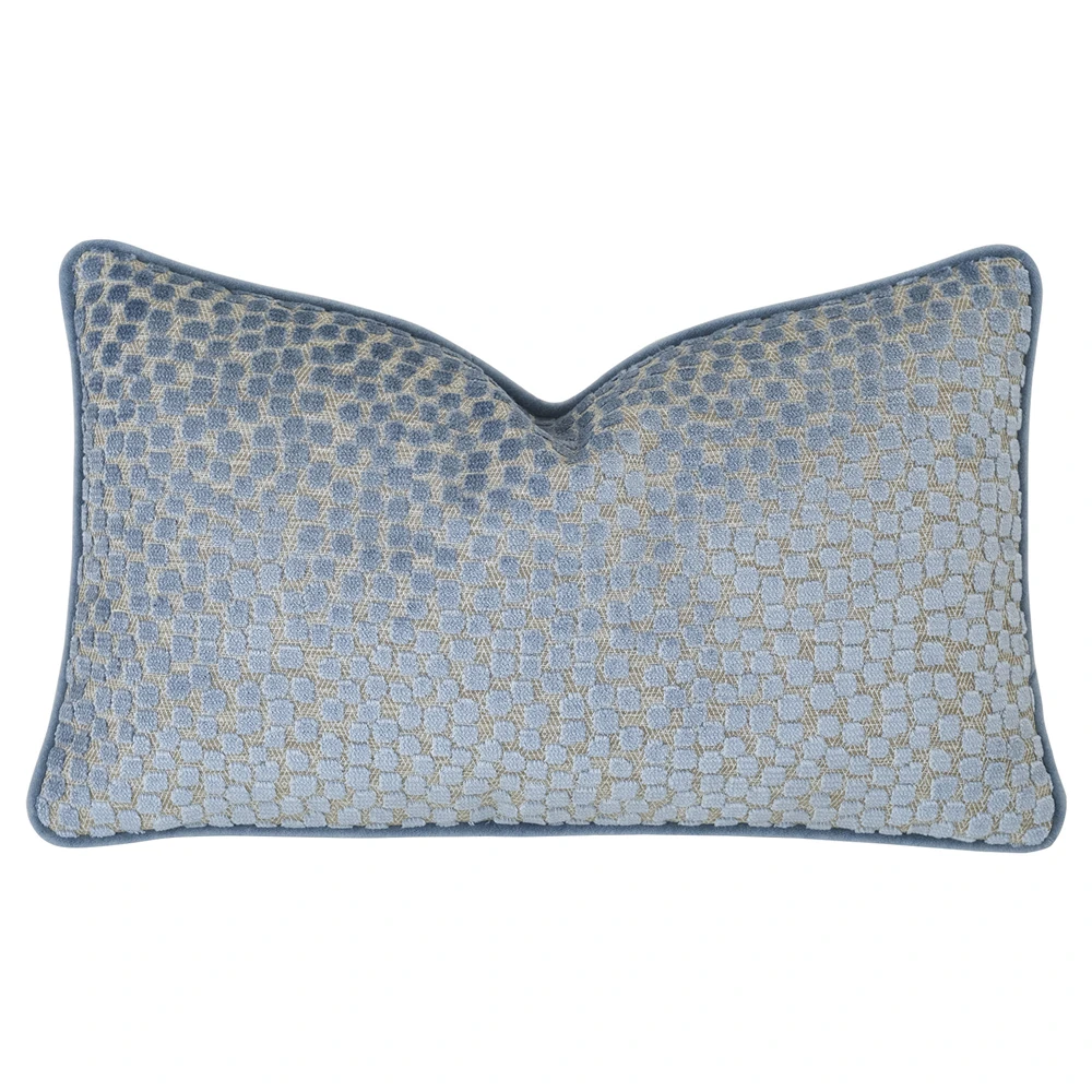 Blue Dotted Velvet Lumbar Pillow with welt