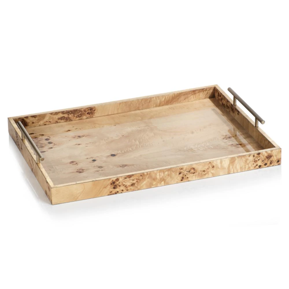 burl wood rectangular decorative tray with handles