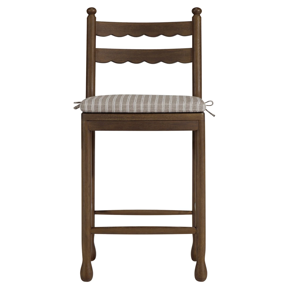 brown oak counter stool with striped brown and white seat cushion