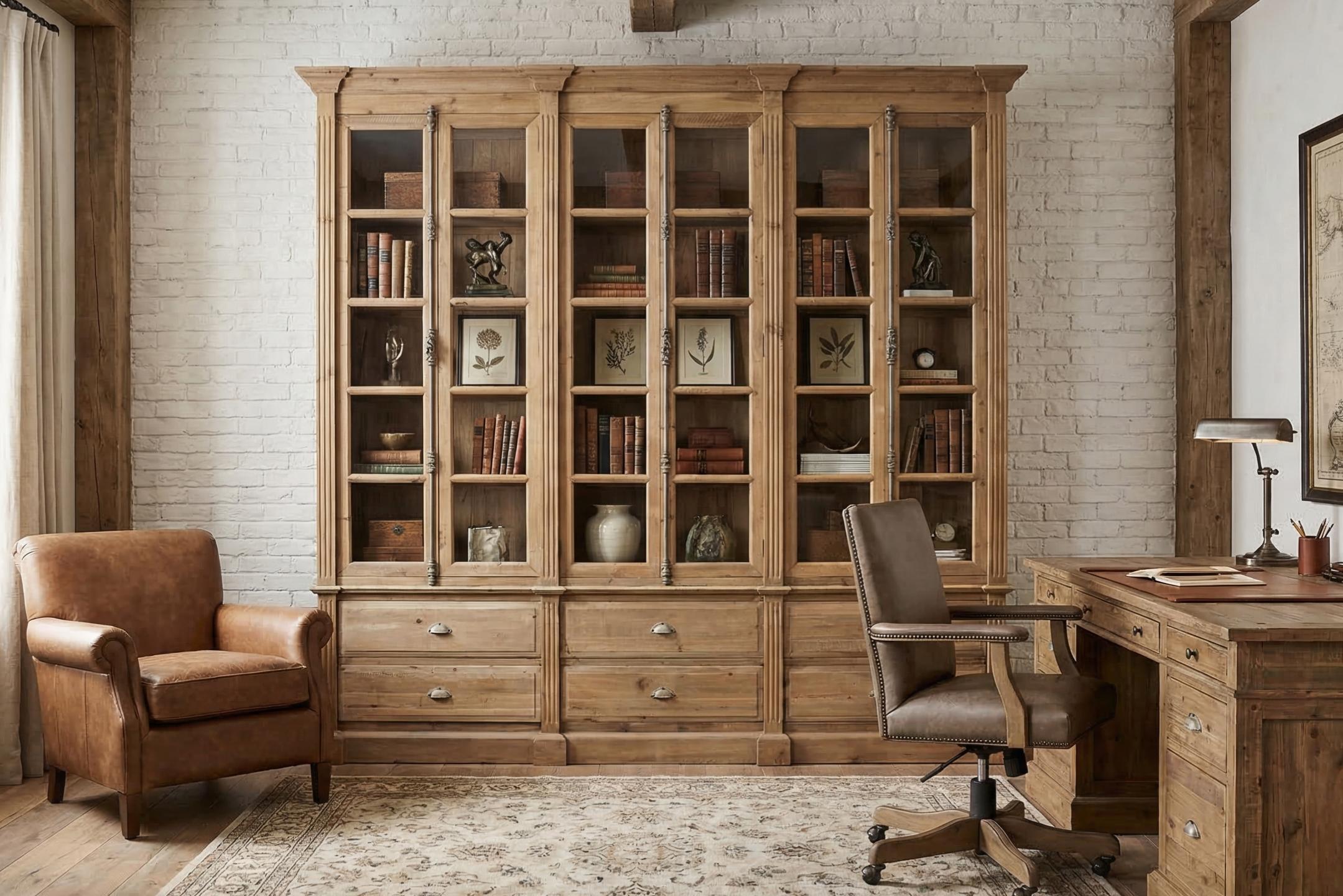 Pine wood display case filled with books in a cozy home office with a leather armchair in the corner and a patterned rug on the floor