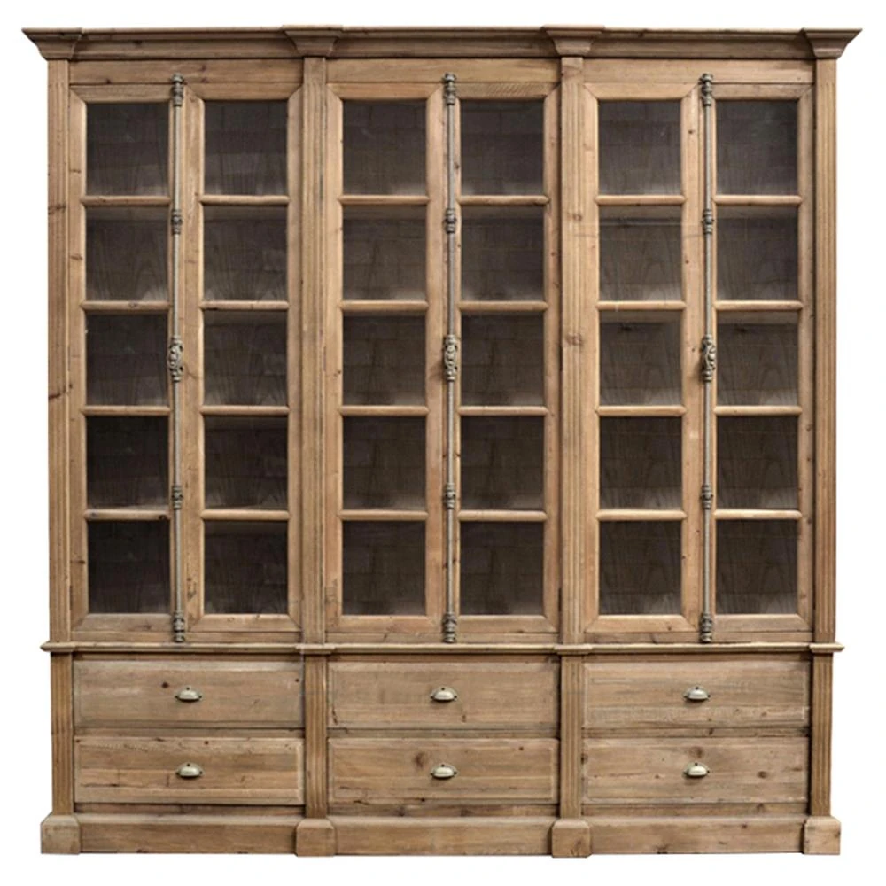 tall brown wood display case with six lower drawers and six doors with glass fronts