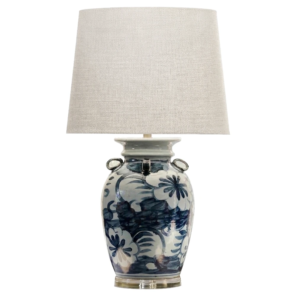 blue and white hand-painted porcelain jar lamp with white lampshade