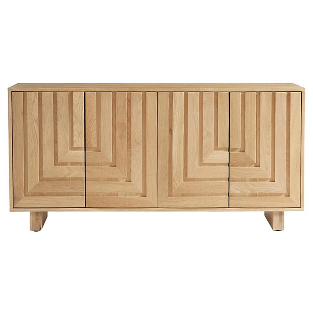 oak wood sideboard with geometric pattern on door fronts