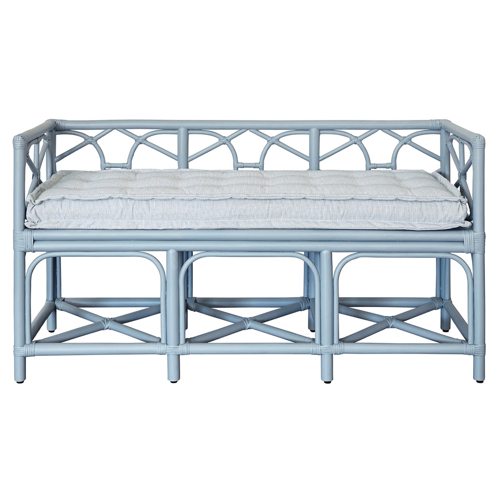 Ligth Blue Rattan Bench with blue striped Sunbrella seat cushion