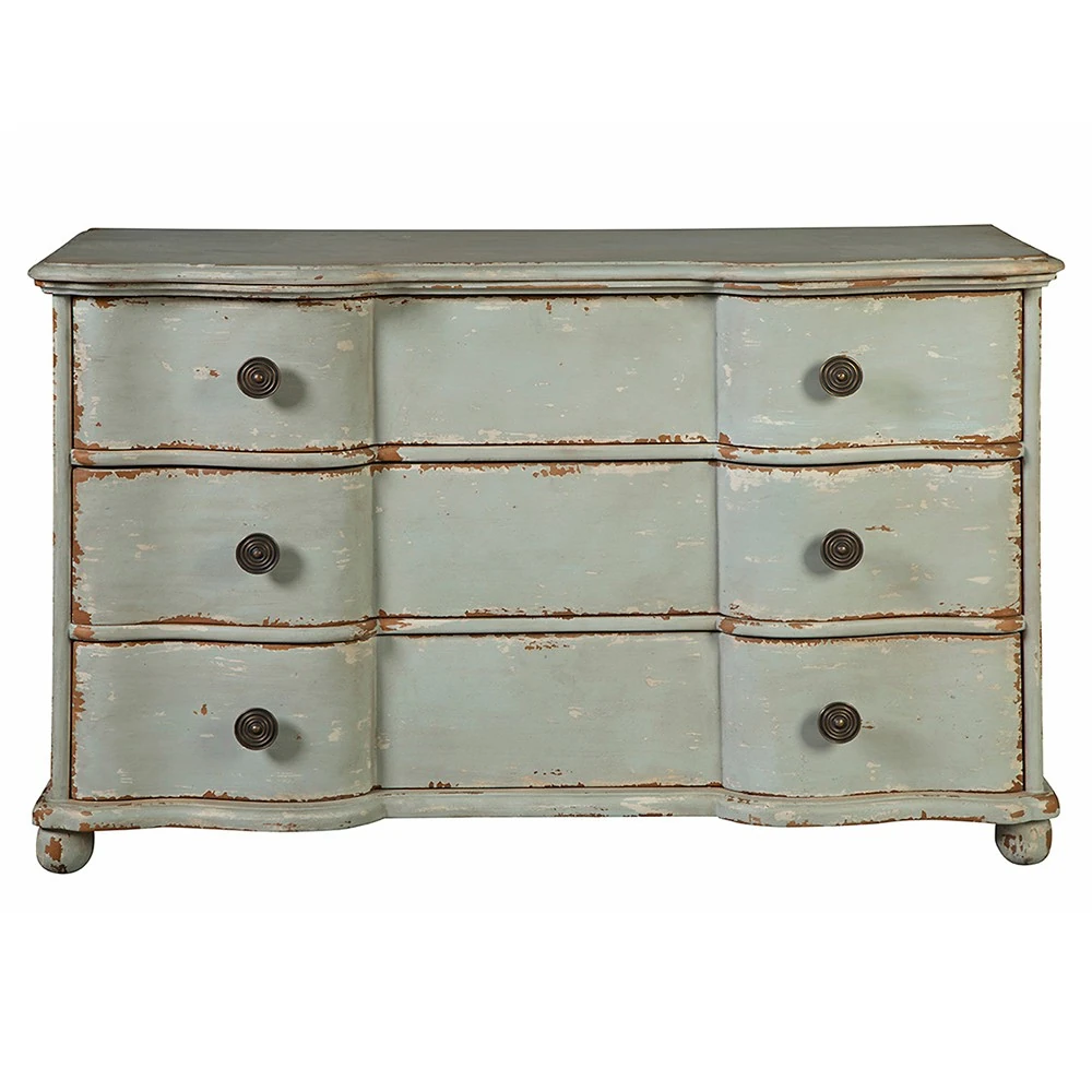 sage green distressed wooden dresser with three drawers