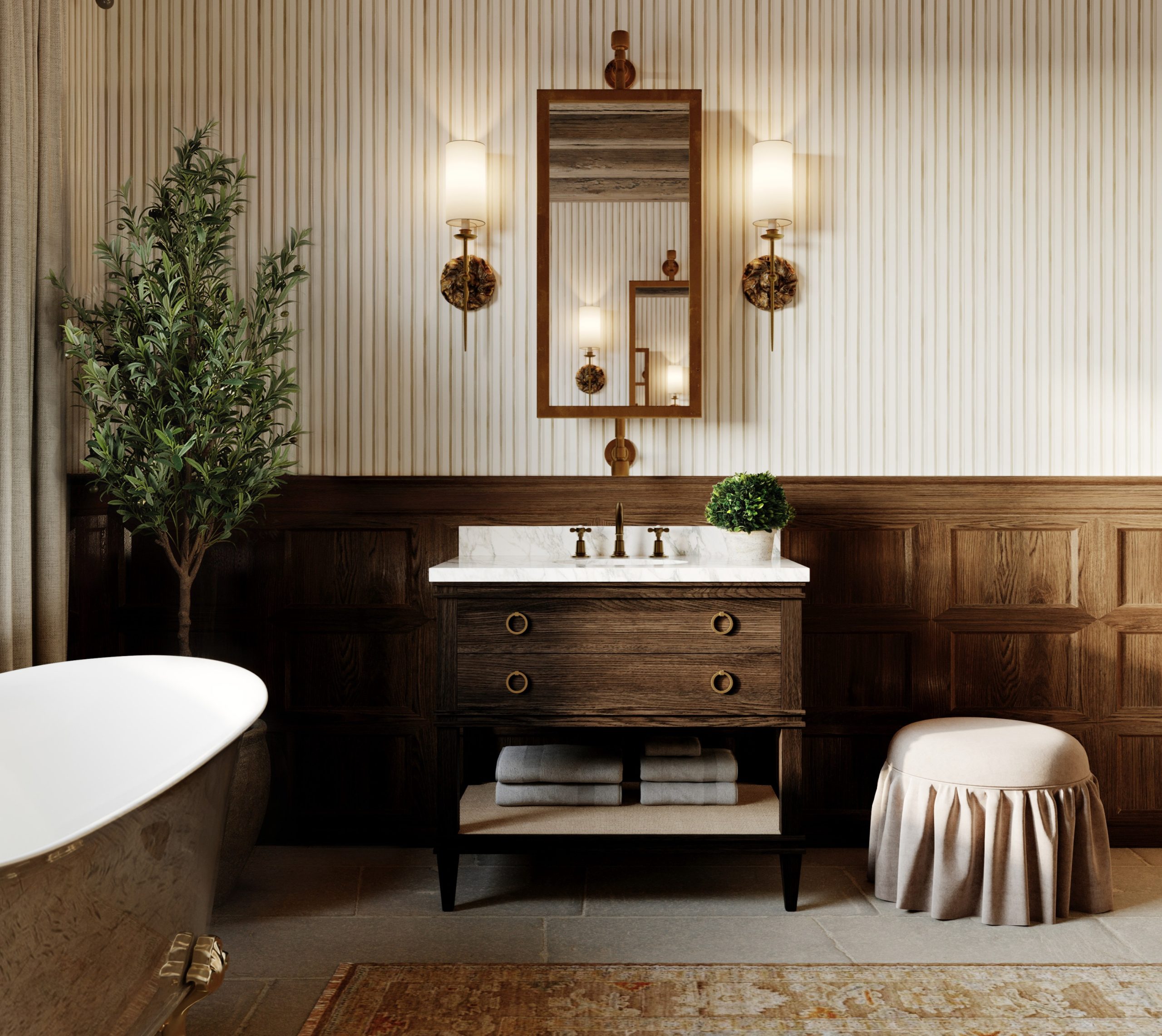 A Tuscan bathroom design with a brown oak vanity sink, clawfoot tub, and Oushak area rug