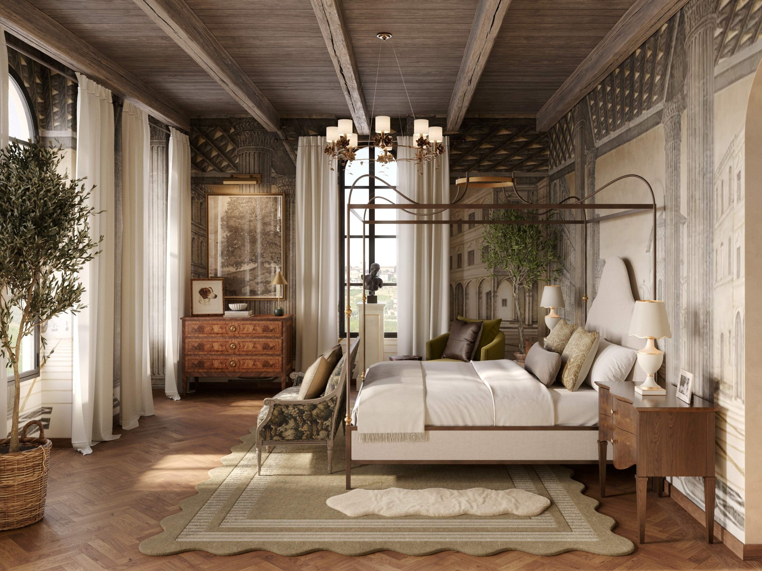 Italian bedroom with a four-posted iron bed, scalloped wool rug, antique brass chandelier, and burl wood dresser