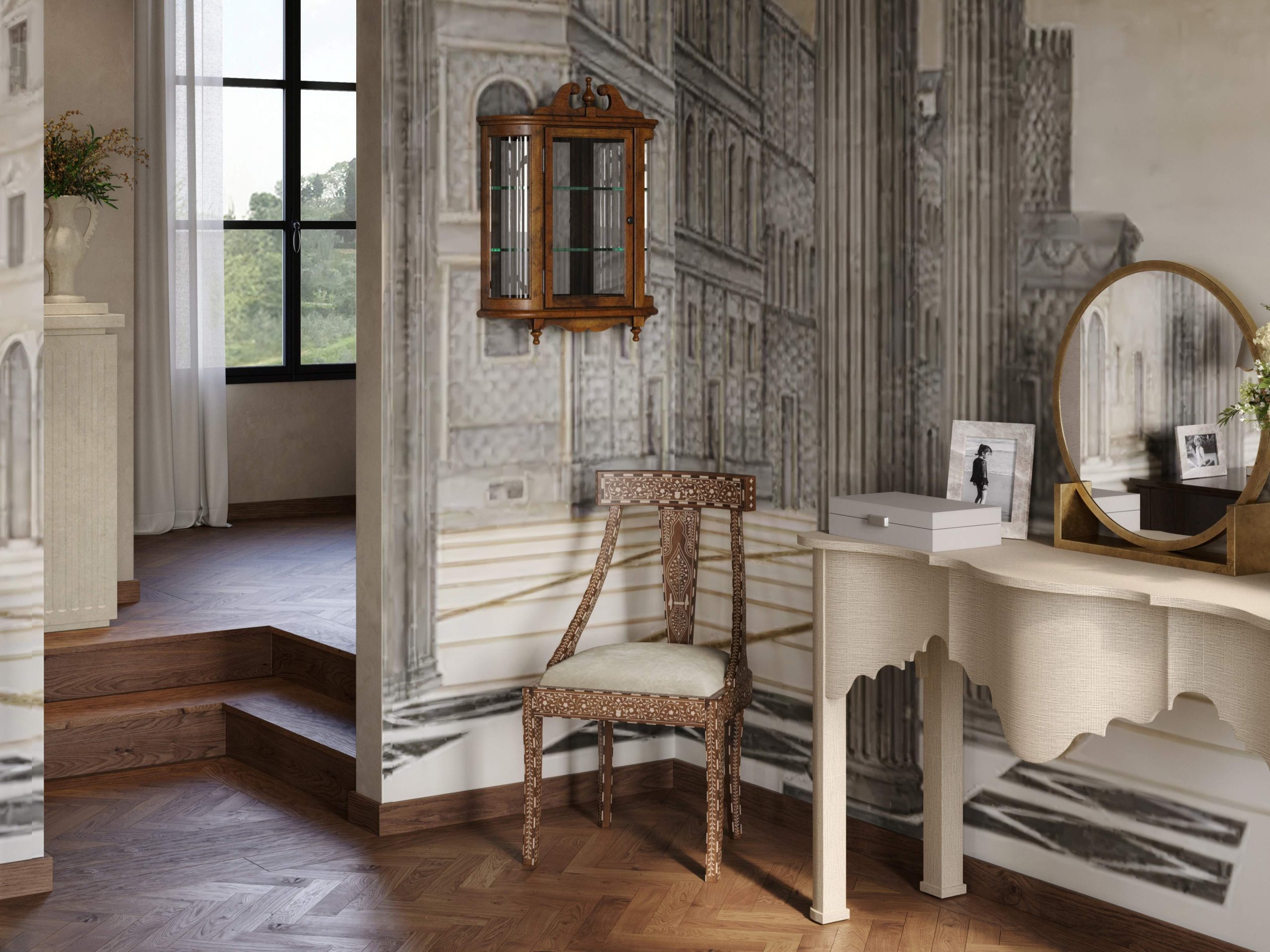 A cream raffia dressing table in an Italian bedroom