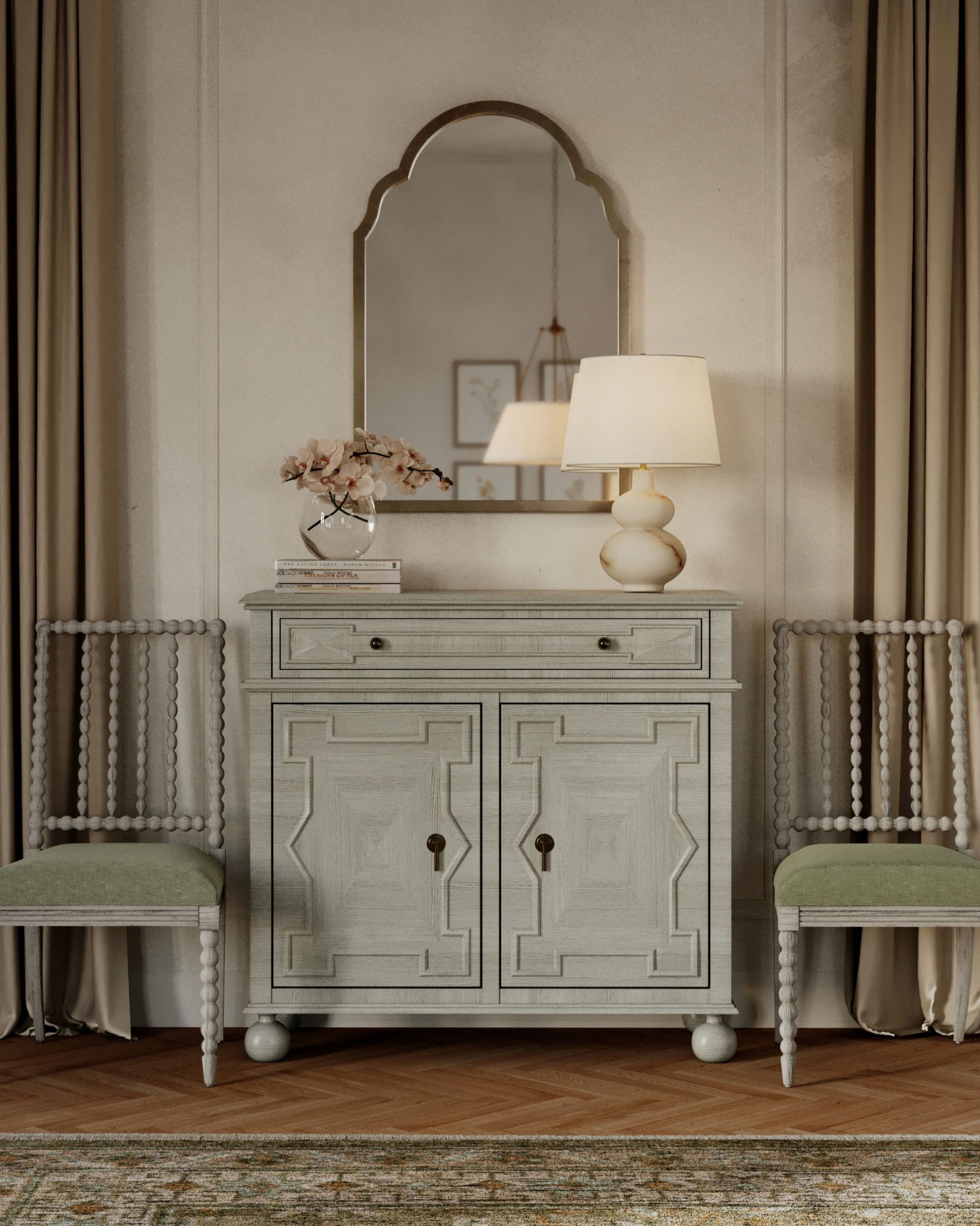 a wood sideboard in a French country dining room