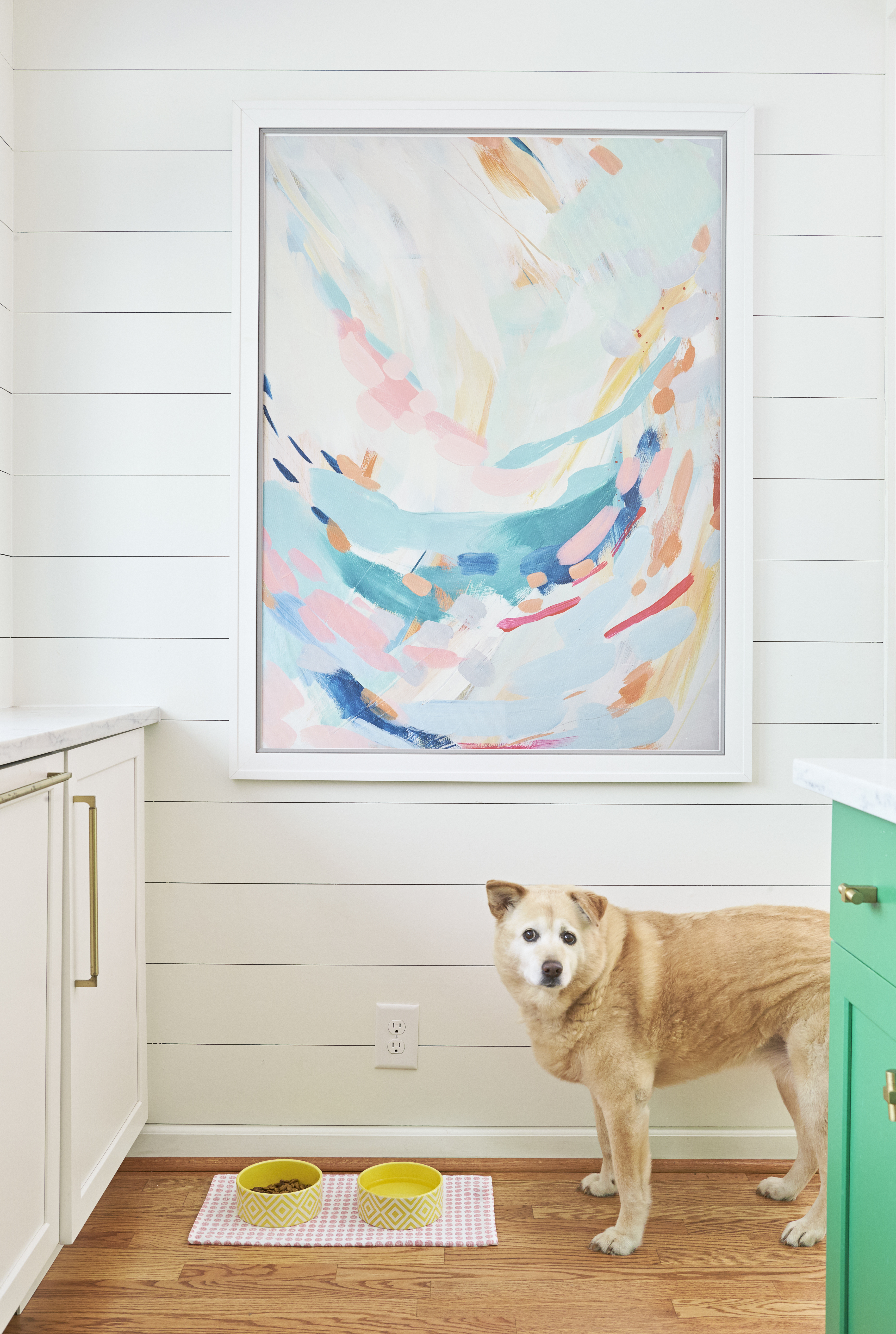 dog standing next to food bowls