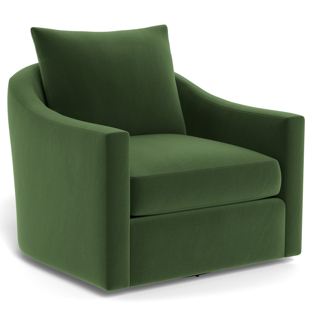 modern swivel chair with green velvet upholstery and loose back pillow