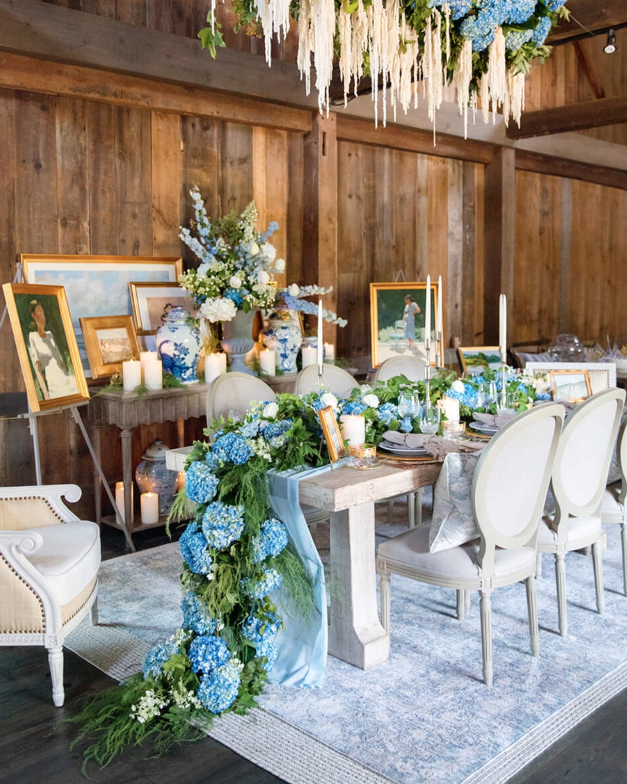 French Country style Hamptons dining room with layered area rugs