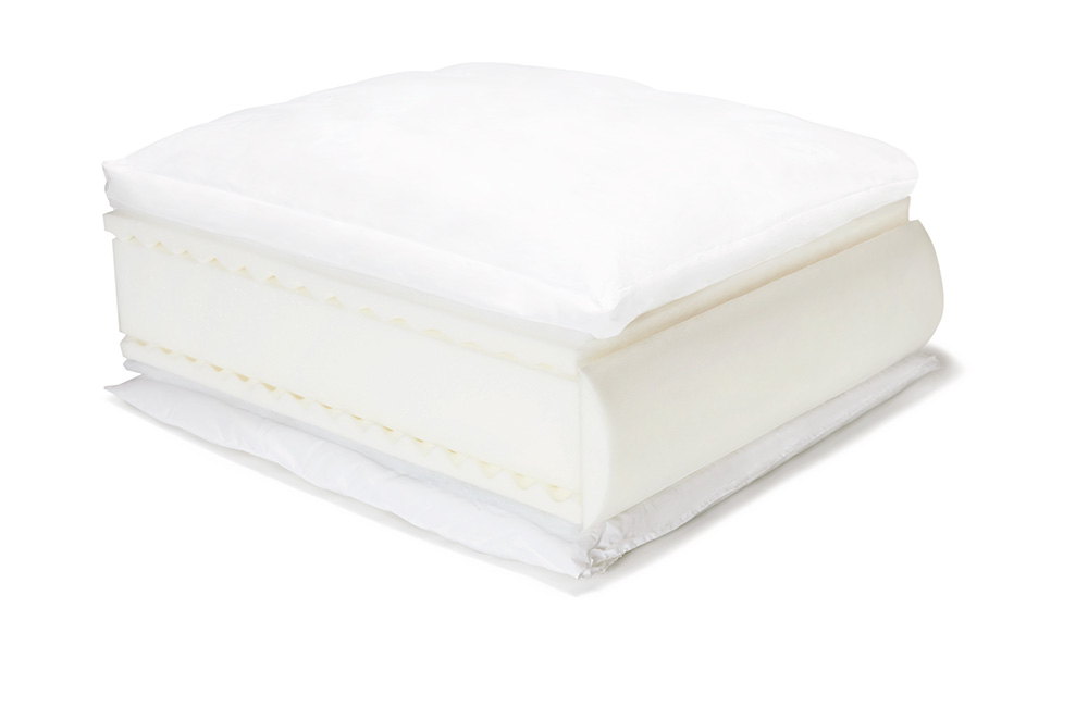 Sofa cushion with a foam core surround by poly fiber
