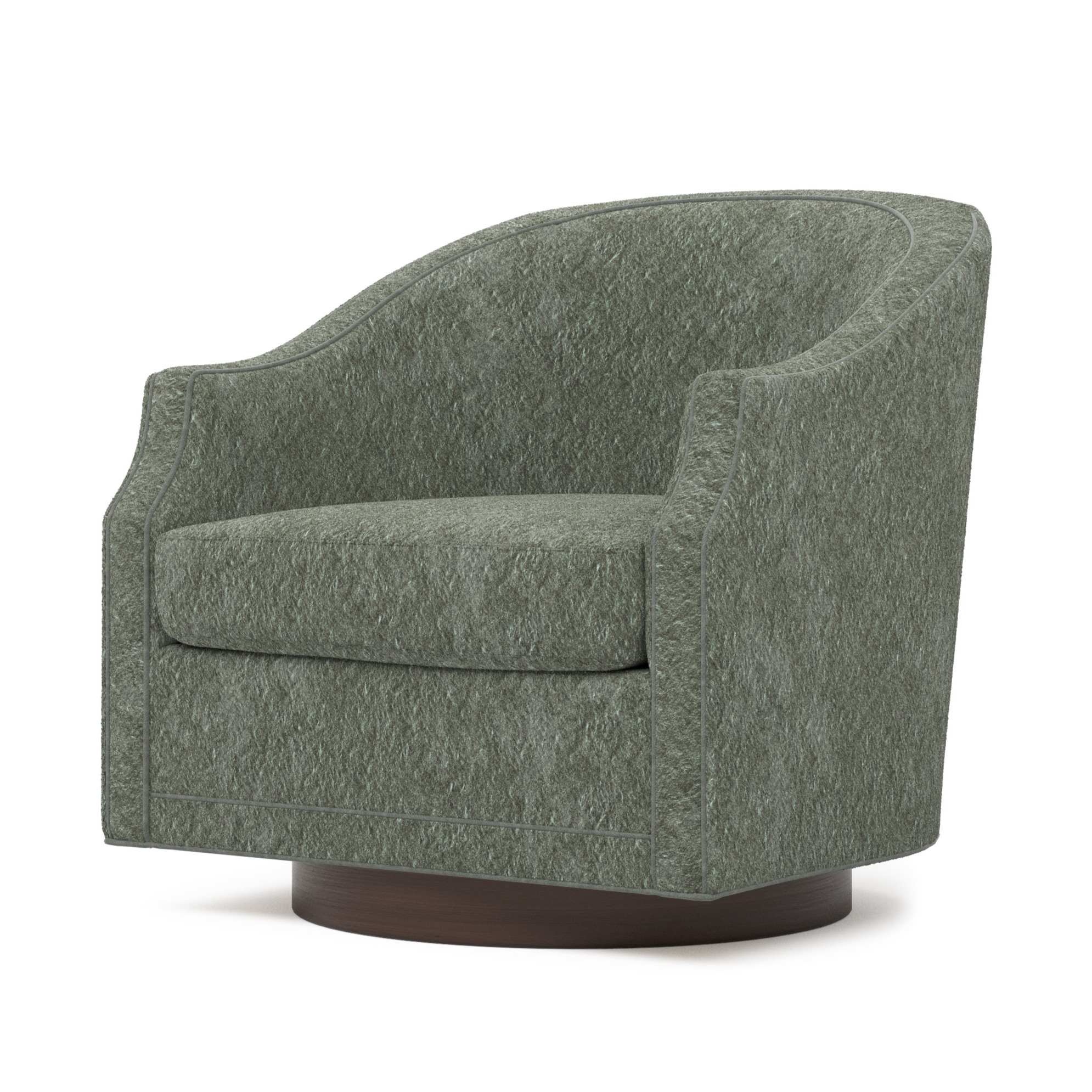 green upholstered swivel chair with brown wood base