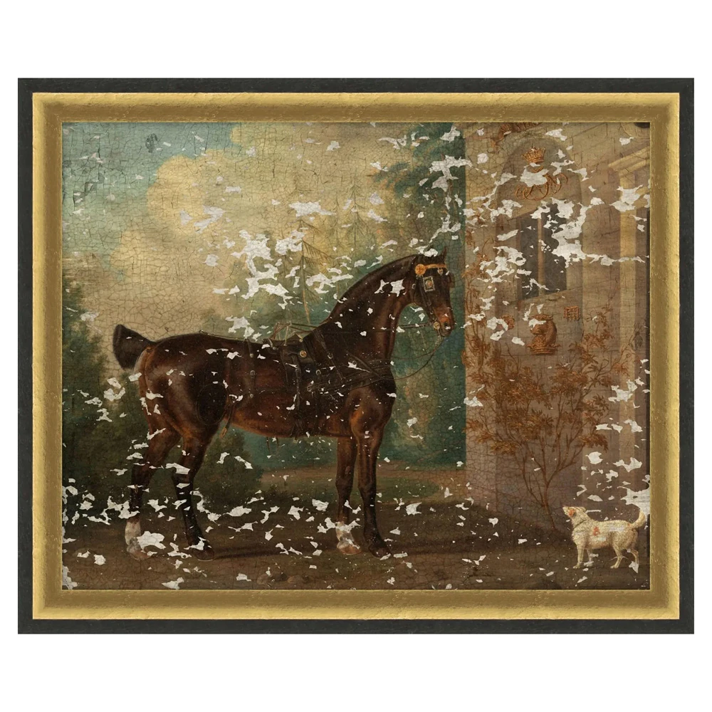 Horse Crackle Painting in Gold Frame